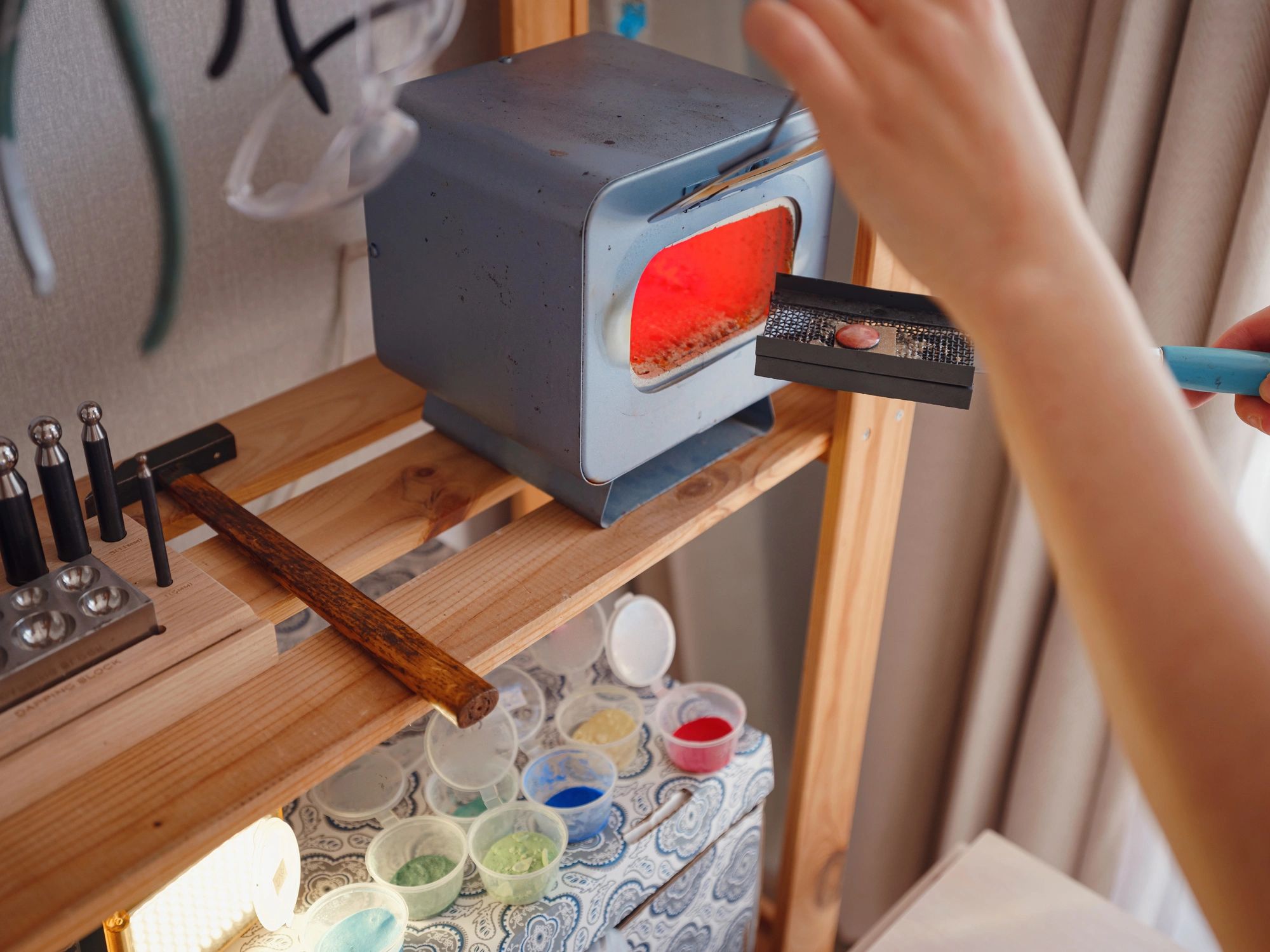 Craft workspace with tools and materials